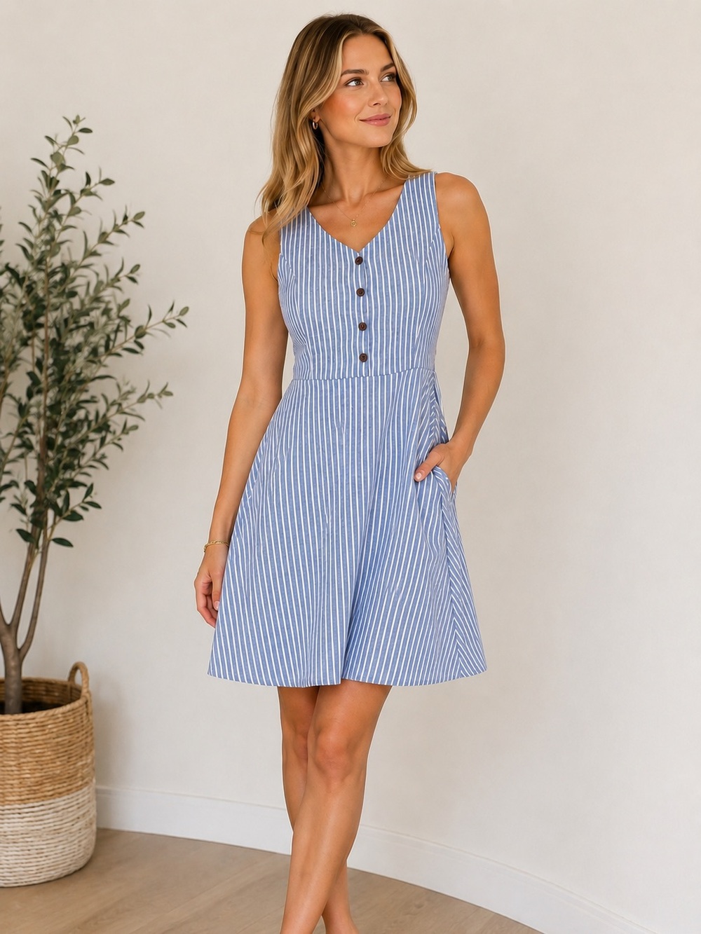 Papillon Blue & White Stripe Sleeveless Button front Fit & Flare Dress XL